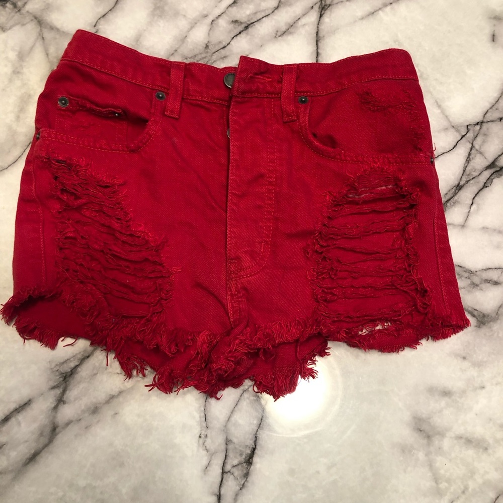 Red jean shorts